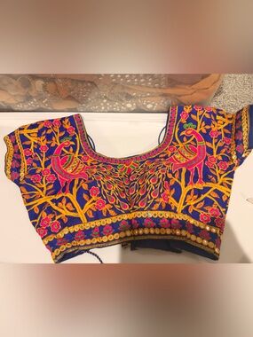 Embroidered Saree Blouse Royal Blue Women's Crop Top with Pink & Gold Accents